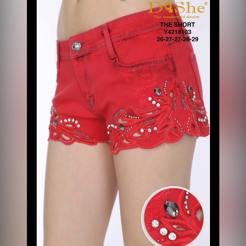 Dishe short unique combination of red fabric, cut flowers, and crystals